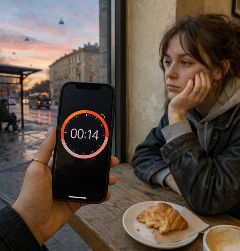Person sitter vid ett kafébord och ser ut genom fönstret i skymningen medan en hand i förgrunden håller upp en mobil med en nedräkningstimer, bredvid en kopp kaffe och en halväten croissant