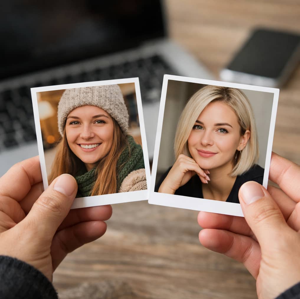 Person håller två fotografier av sig själv – ett äldre och ett nytt – med olika utseenden, i en realistisk vardagsmiljö med suddig laptop och mobil i bakgrunden