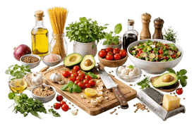 Uppställda ingredienser och köksredskap för en perfekt matbild
