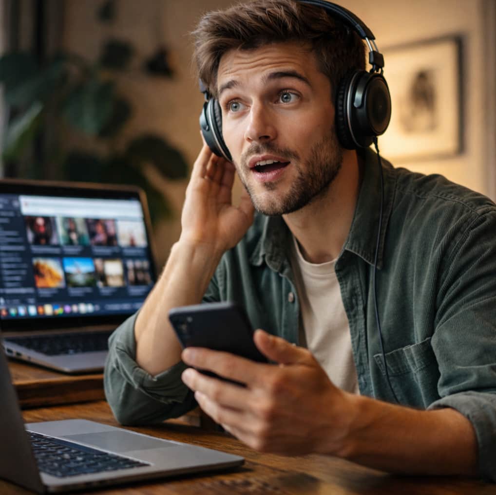Person med hörlurar som lyssnar på musik och ser förvånat imponerad ut medan hen håller en mobil framför en laptop