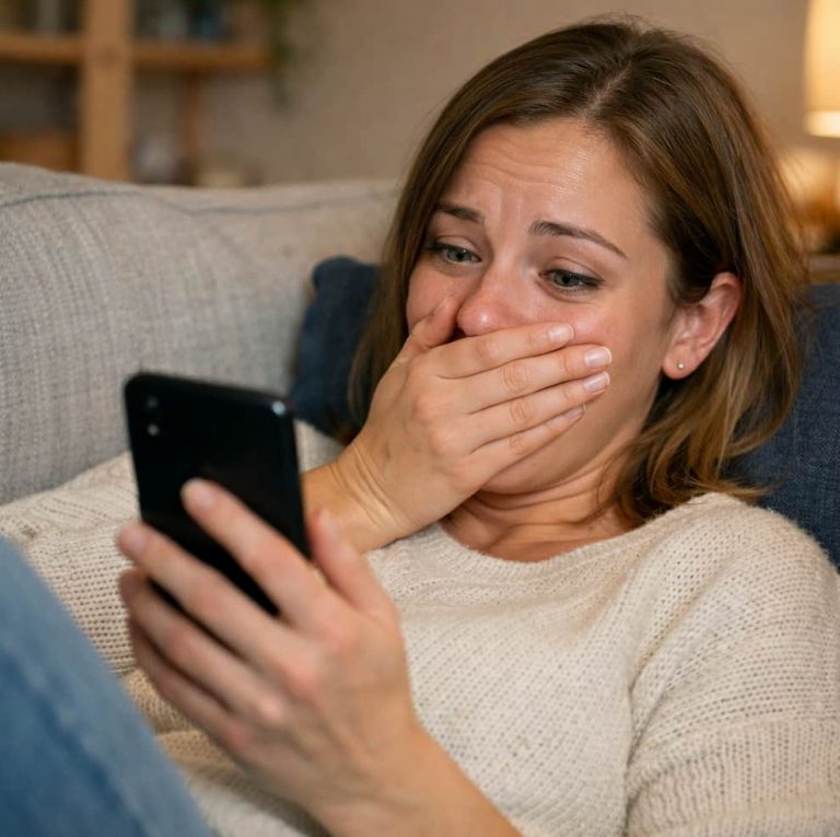 Person som ligger i en soffa och reagerar förvånat och lite generat när hen läser något på sin mobil