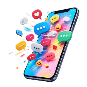 Smartphone med små pratbubblor som flyger ut från skärmen