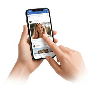 Hand som stannar vid profilbild i mobilflöde