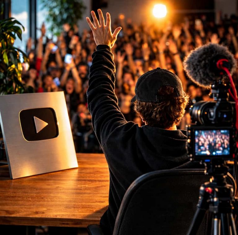 YouTuber filmar framför en stor jublande publik medan en kamera och en silver play-knapp står på bordet framför honom