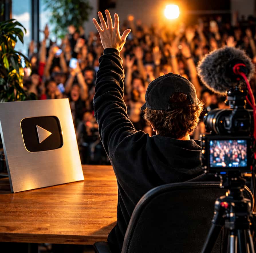 YouTuber filmar framför en stor jublande publik medan en kamera och en silver play-knapp står på bordet framför honom
