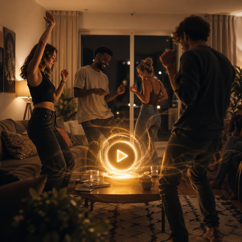 Grupp människor dansar i ett vardagsrum runt en lysande autoplay-knapp som symboliserar hur Spotify fortsätter kvällen utan aktiva val