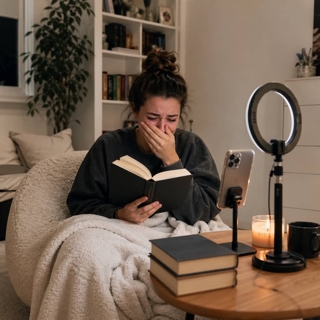 Känslosam BookTok-reaktion där en läsare håller en öppen bok framför mobilkamera och ring light i ett mysigt rum