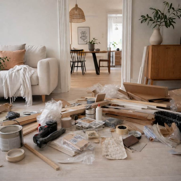 DIY-material, verktyg och en skrynklig inköpslista utspridda på golvet i ett ljust vardagsrum