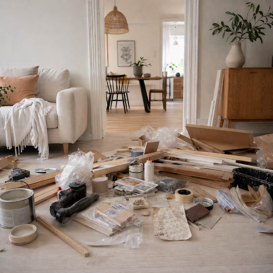 DIY-material, verktyg och en skrynklig inköpslista utspridda på golvet i ett ljust vardagsrum