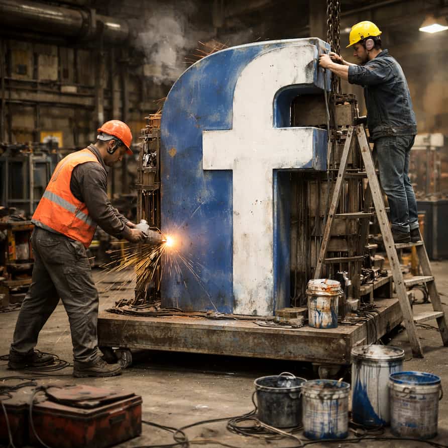 Två arbetare i en fabrik modifierar en stor sliten Facebook-logga med verktyg, stege och färgburkar omkring sig