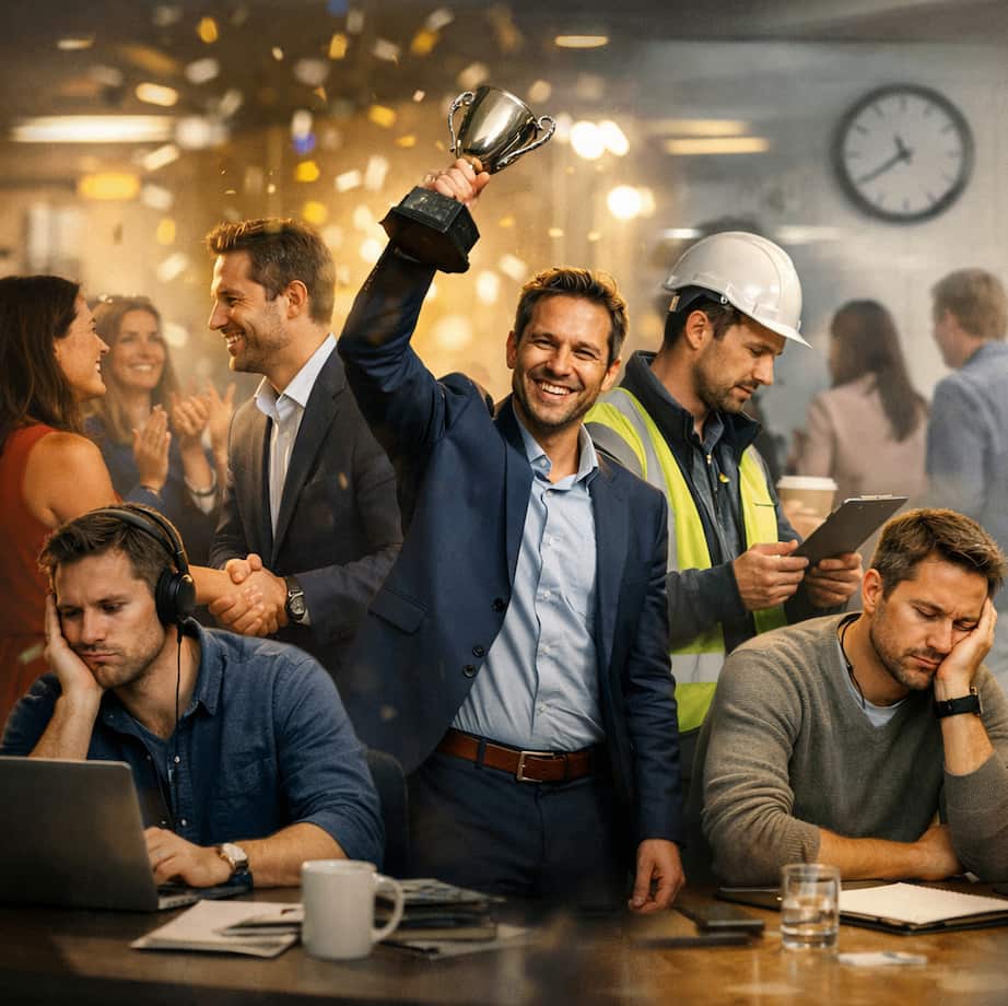 Samma man i flera överlappande arbetsscener, från trött kontorsvardag till firande och möten, som visar hur arbetslivet framstår som ovanligt händelserikt