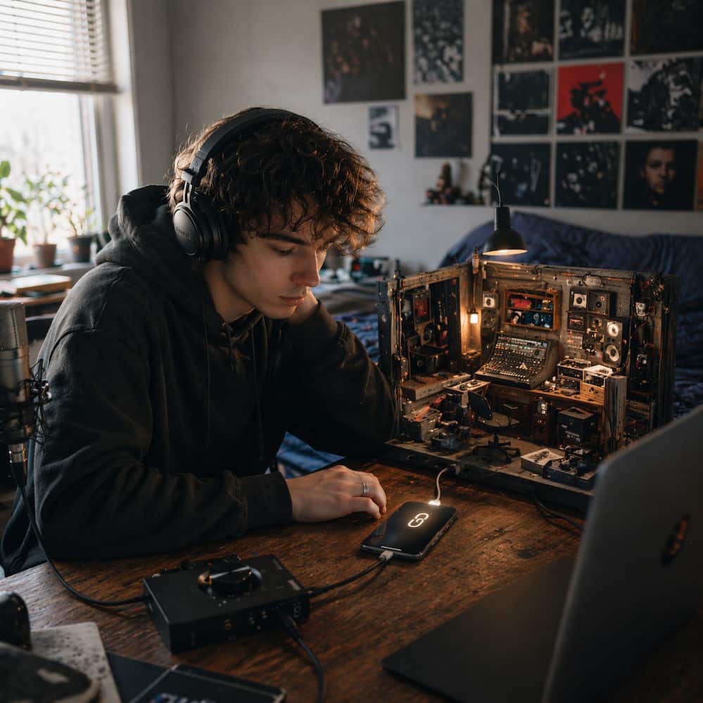 Ung artist med hörlurar vid skrivbord där en enda länk på mobilen öppnar upp en hel miniatyrstudio
