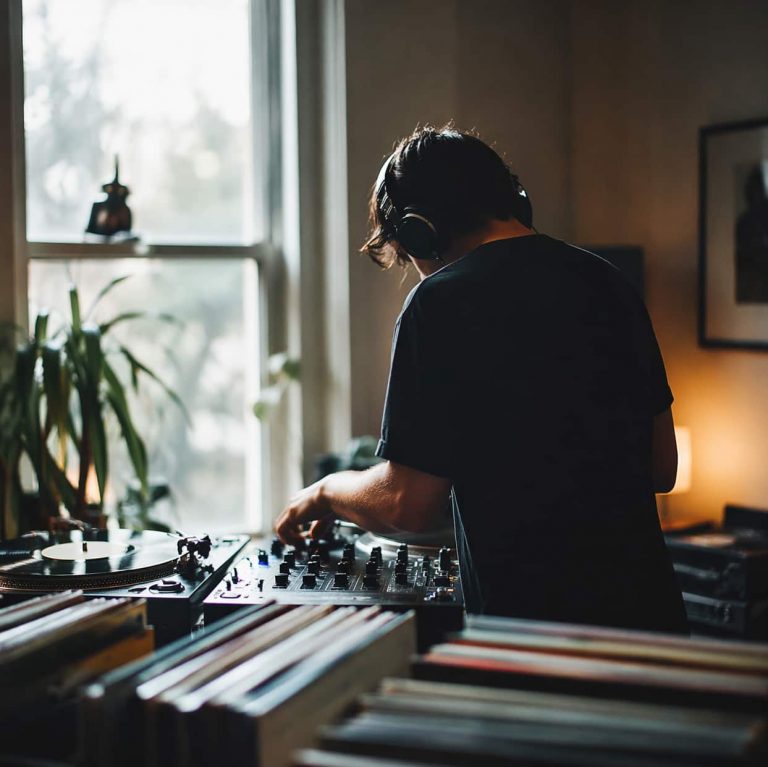 En DJ böjd över mixerbord och skivspelare i ett varmt, dämpat rum, omgiven av vinylskivor – en bild som fångar hur ett helt set och känslan i urvalet kan betyda mer än en enskild låt på Mixcloud