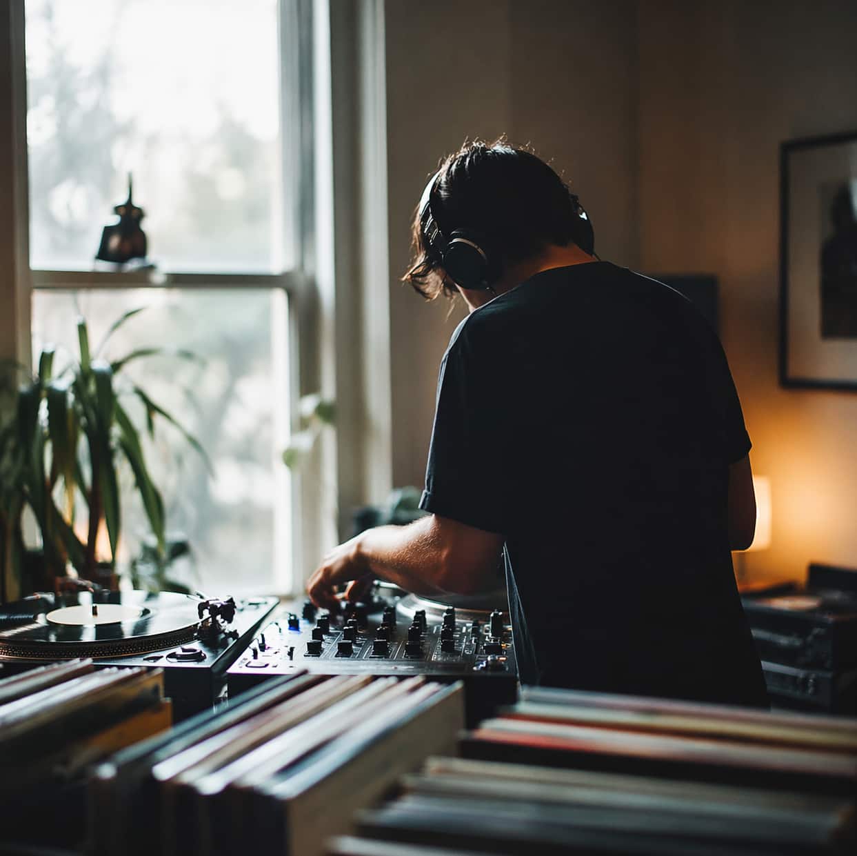 En DJ böjd över mixerbord och skivspelare i ett varmt, dämpat rum, omgiven av vinylskivor – en bild som fångar hur ett helt set och känslan i urvalet kan betyda mer än en enskild låt på Mixcloud