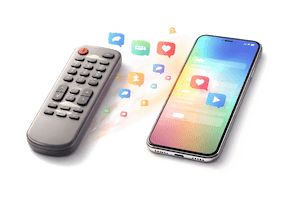 Äldre fjärrkontroll bredvid modern smartphone