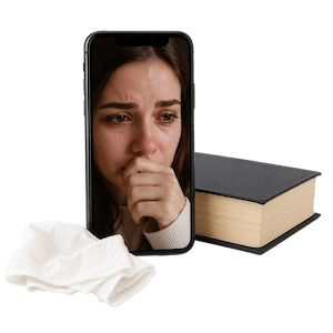 Telefon framför bok med fuktig blick och näsduk
