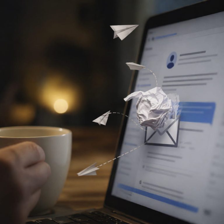 Laptopskärm med suddigt meddelandeflöde där ett skrynkligt pappersbrev och små pappersflygplan gestaltar ett rekryterarmeddelande som känns både lockande och mallat