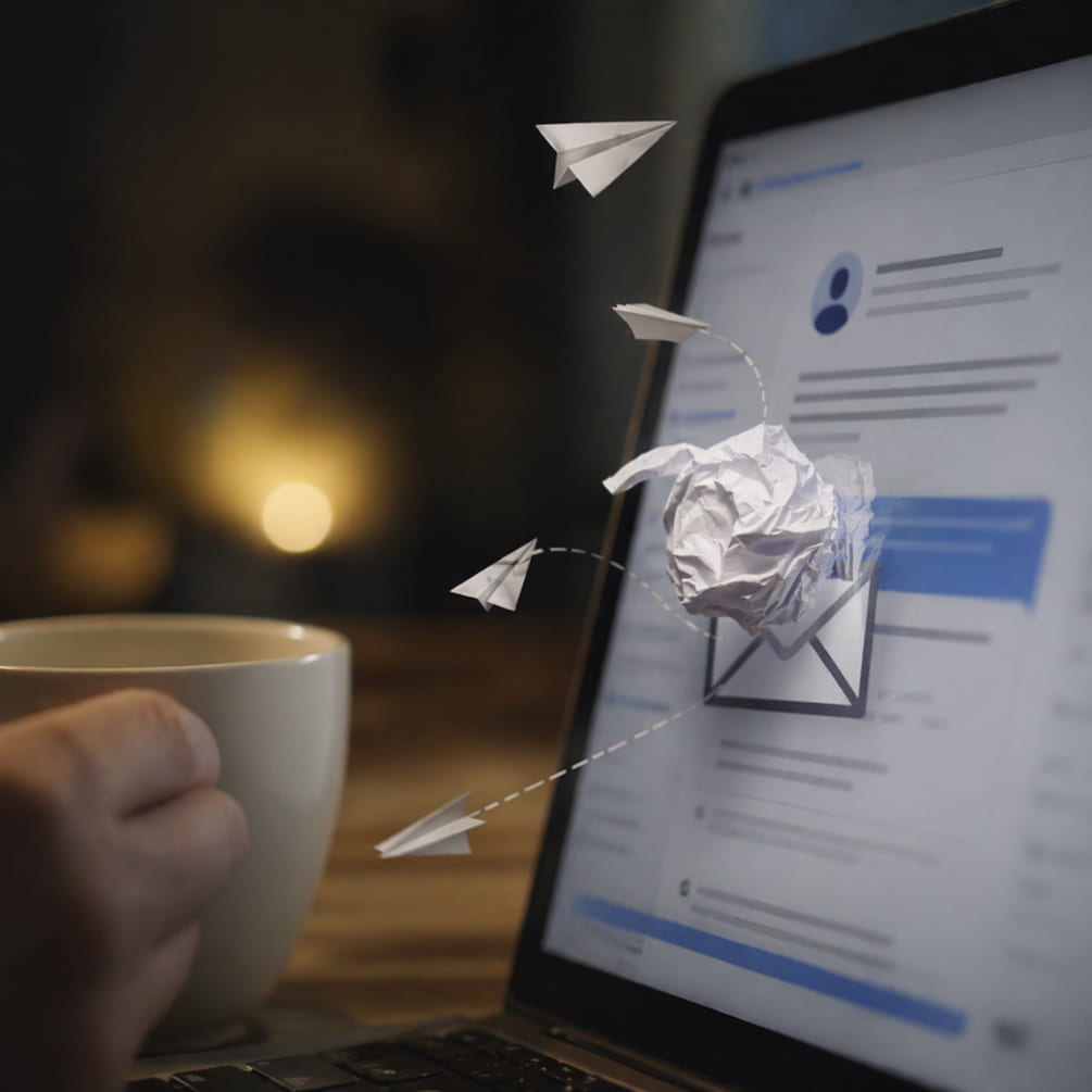 Laptopskärm med suddigt meddelandeflöde där ett skrynkligt pappersbrev och små pappersflygplan gestaltar ett rekryterarmeddelande som känns både lockande och mallat