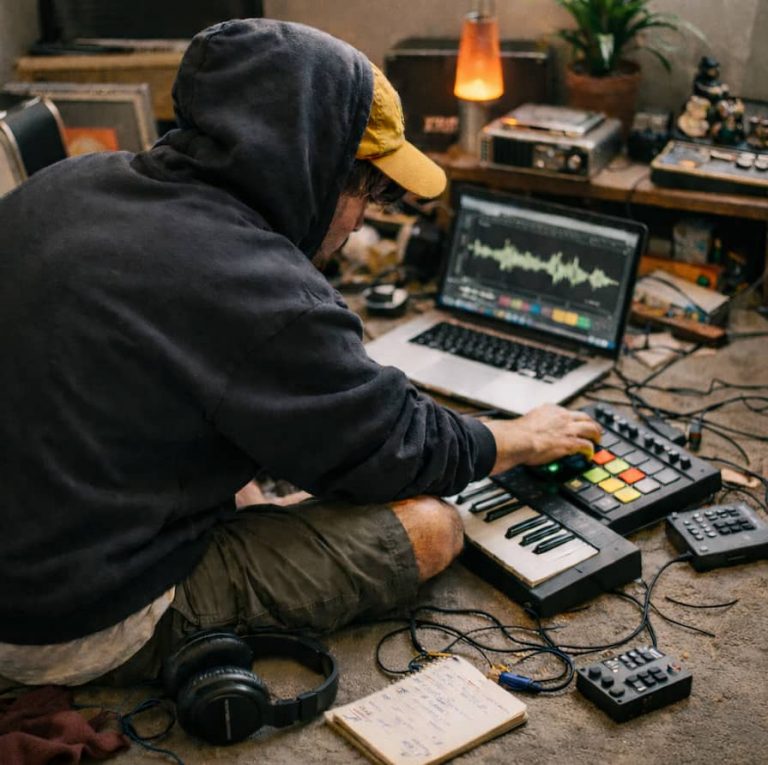 Person sitter på golvet och skapar musik med MIDI-controller och laptop i en stökig men hemtrevlig hemmastudio, med hörlurar och anteckningar bredvid