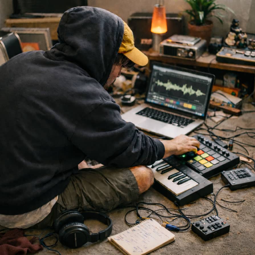 Person sitter på golvet och skapar musik med MIDI-controller och laptop i en stökig men hemtrevlig hemmastudio, med hörlurar och anteckningar bredvid