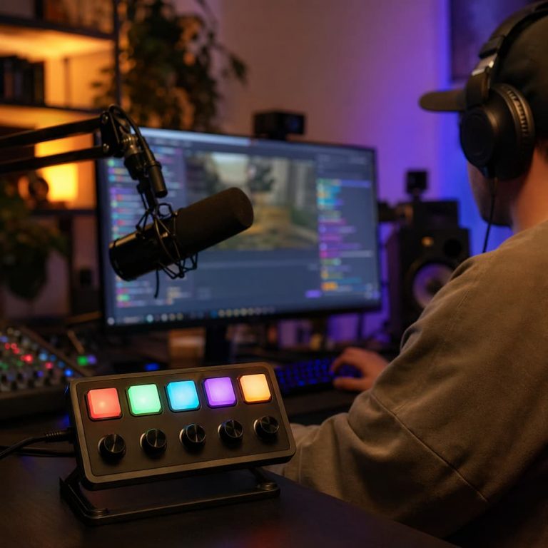 Streamer vid dator med mikrofon och fem upplysta ljudknappar som symboliserar Twitch-alerts, jinglar och återkommande ljudeffekter