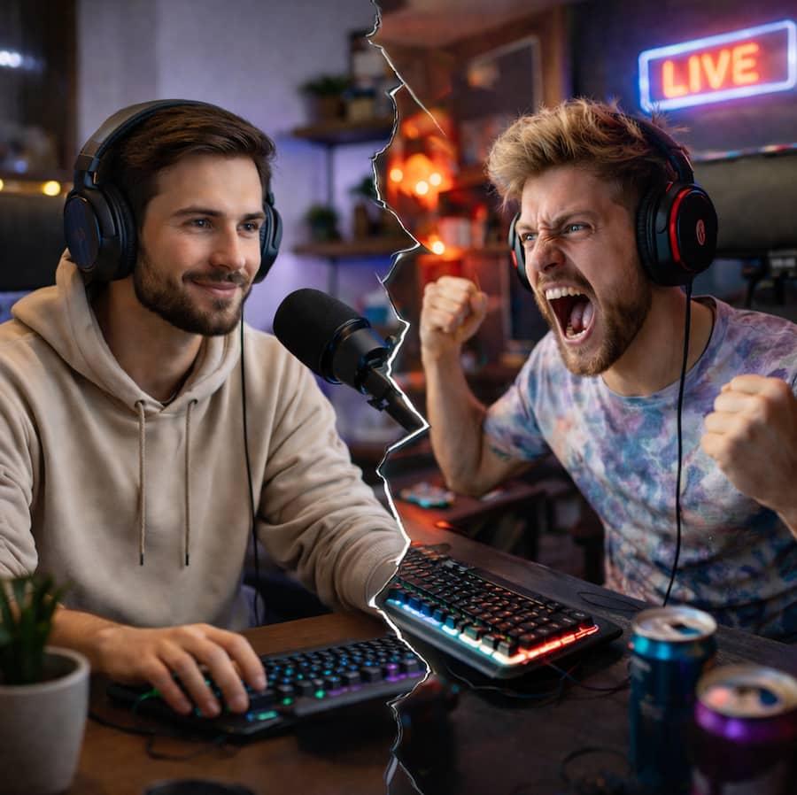Två Twitch-streamers i delad bild: en lugn och fokuserad i en stillsam setup och en intensiv och högljudd i en färgstark streamingmiljö med sprucken övergång mellan scenerna