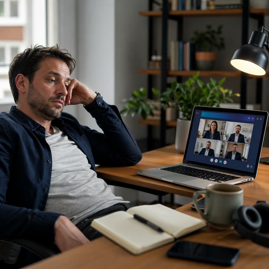 Trött deltagare vid laptop under LinkedIn-webinar med panel på skärmen, anteckningsbok och kaffekopp på skrivbordet