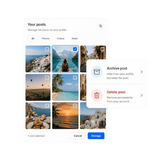 Instagram-meny med alternativ för att arkivera eller ta bort ett inlägg från profilen