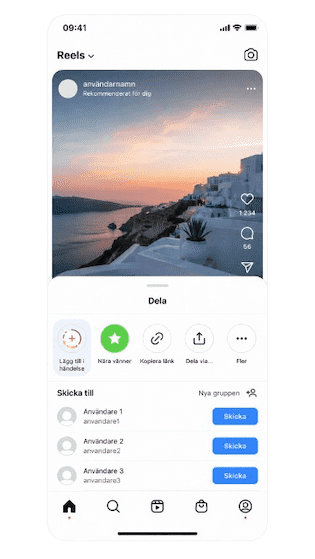 Delningsmeny för att dela ett Instagram-inlägg eller en Reel till egen story