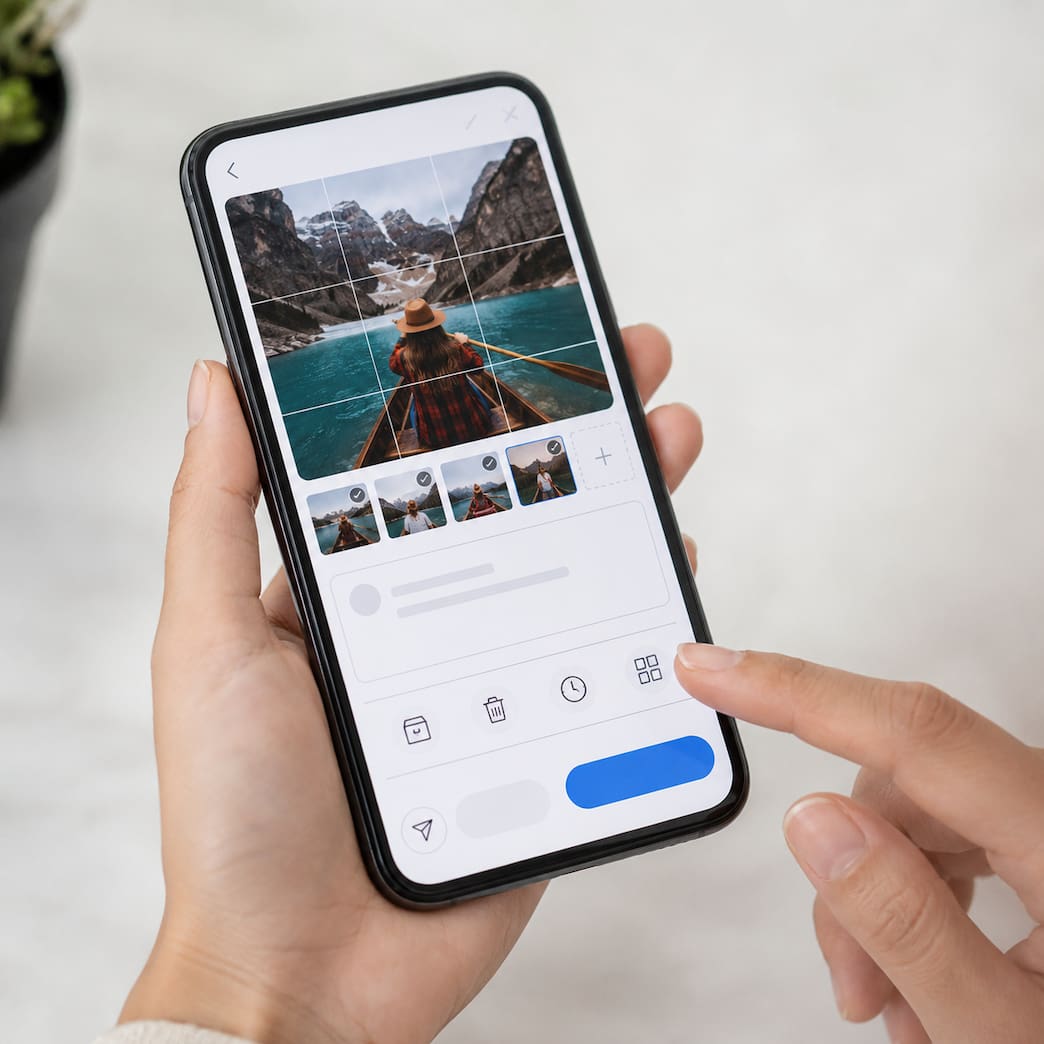 Mobil som visar ett Instagram-inlägg med flera bilder, bildtext, arkiv, radering och schemaläggning innan publicering