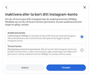 Inställningar i Instagrams Kontocenter där valen för avaktivering och borttagning av konto brukar finnas