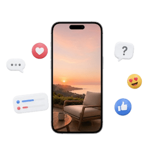 Telefon med Instagram Story och visuella symboler för frågor, omröstningar, reaktioner och kommentarer