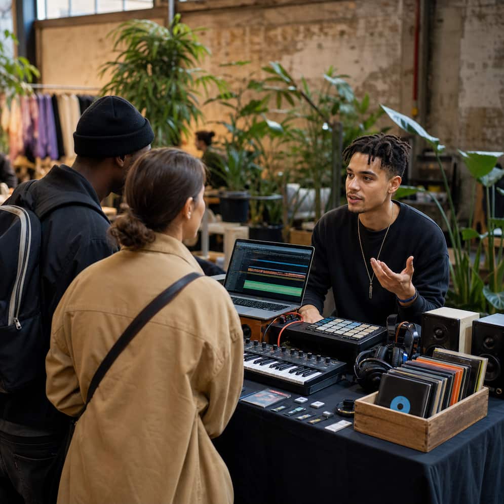 Musikproducent visar instrumentaler vid ett marknadsstånd med laptop, MIDI-keyboard och kunder som lyssnar på beats