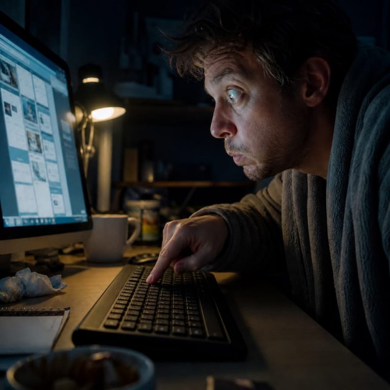 Trött person vid datorn sent på kvällen trycker på F5 för att uppdatera Tumblr-dashboarden igen