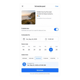 Schemalägga Instagram-inlägg med datum och tid före publicering i appen eller Meta Business Suite