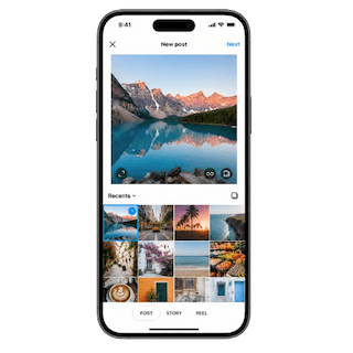Instagram-app där ett vanligt inlägg skapas från mobil med vald bild inför publicering