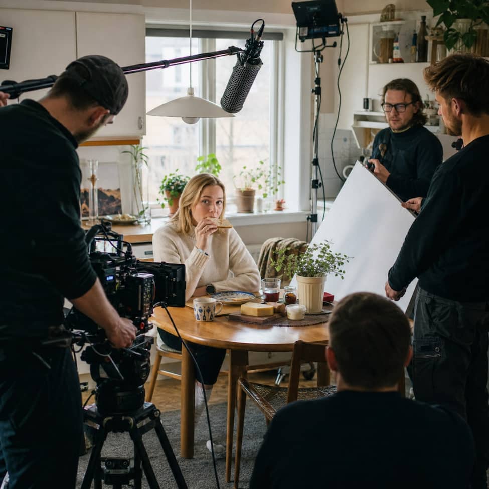 Person äter knäckebröd i ett vanligt kök medan ett filmteam dokumenterar vardagen, med sociala medier och självmedvetenhet som tydlig underton